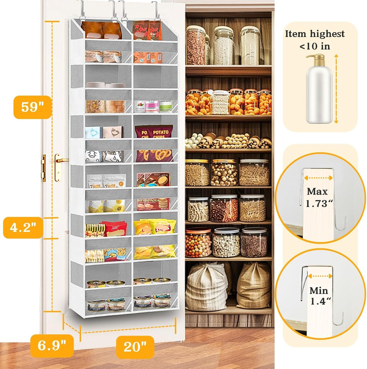Over the Door Organizer, 5-Tier Extra Large Storage with 10 Pockets and PVC Label Pouches, 80 lbs Capacity Hanging Closet Organizer, Beige