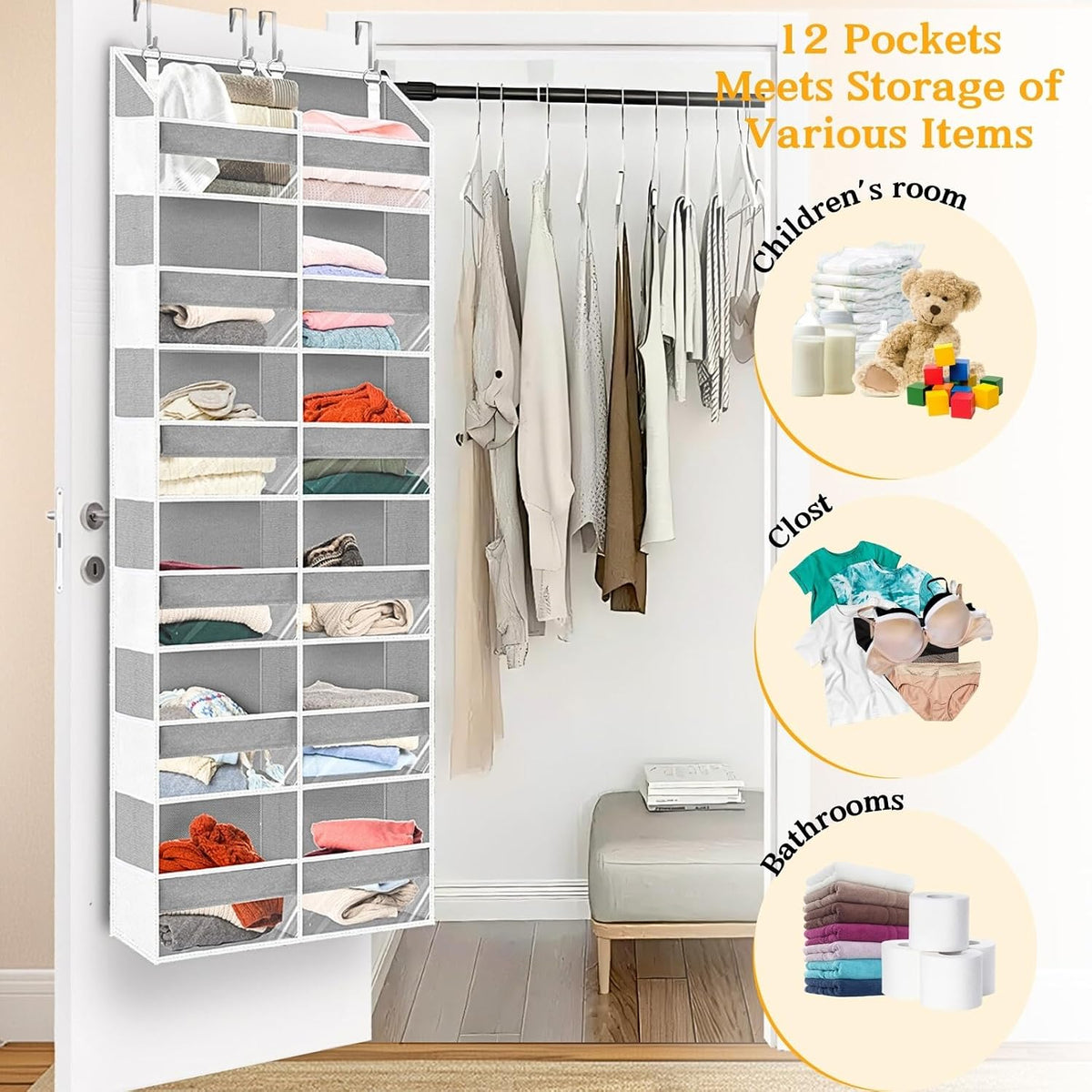 Over the Door Organizer, 5-Tier Extra Large Storage with 10 Pockets and PVC Label Pouches, 80 lbs Capacity Hanging Closet Organizer, Beige