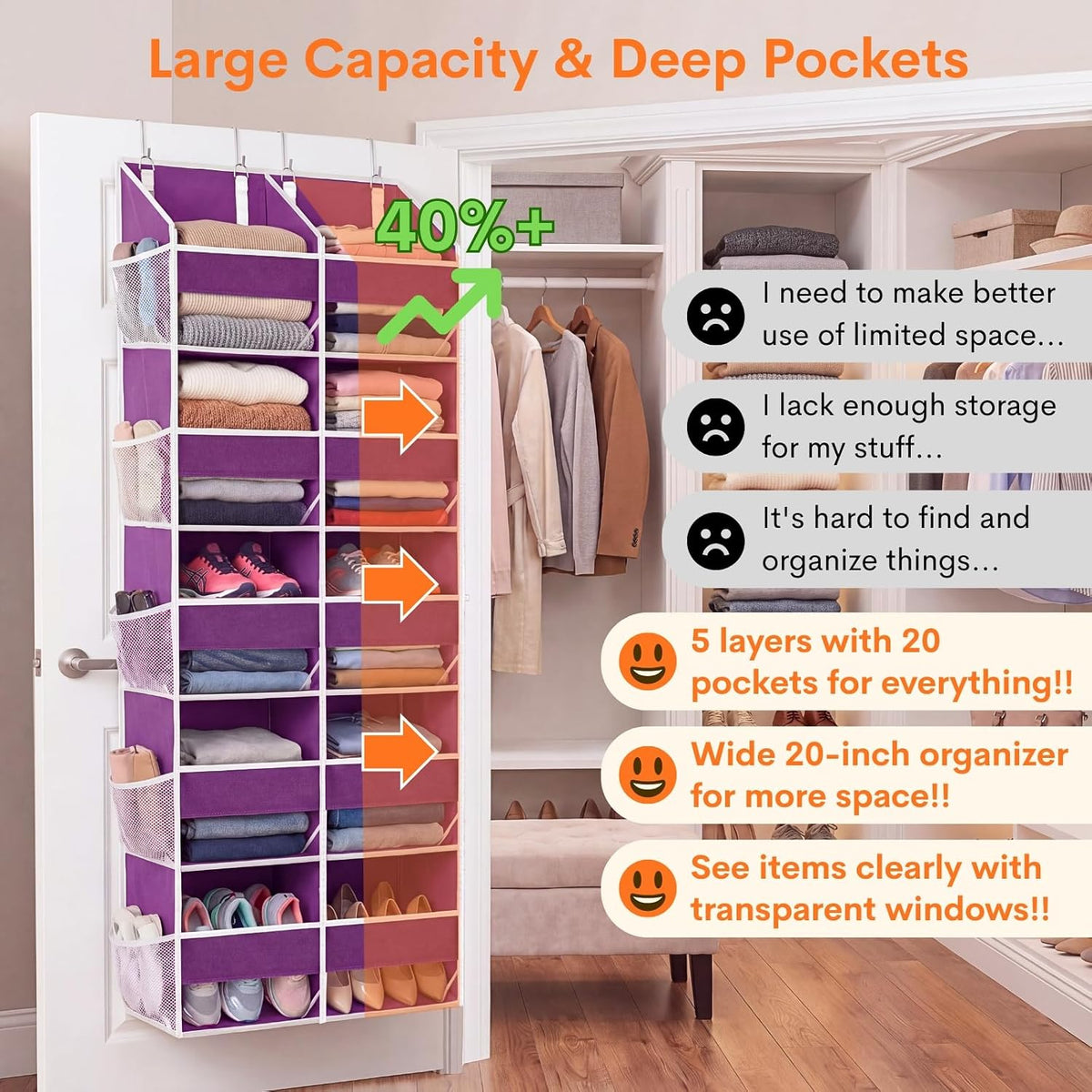 Over the Door Organizer, 5-Tier Extra Large Storage with 10 Pockets and PVC Label Pouches, 80 lbs Capacity Hanging Closet Organizer, Beige