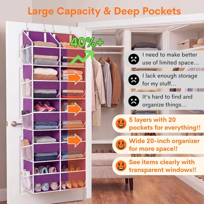 Over the Door Organizer, 5-Tier Extra Large Storage with 10 Pockets and PVC Label Pouches, 80 lbs Capacity Hanging Closet Organizer, Beige