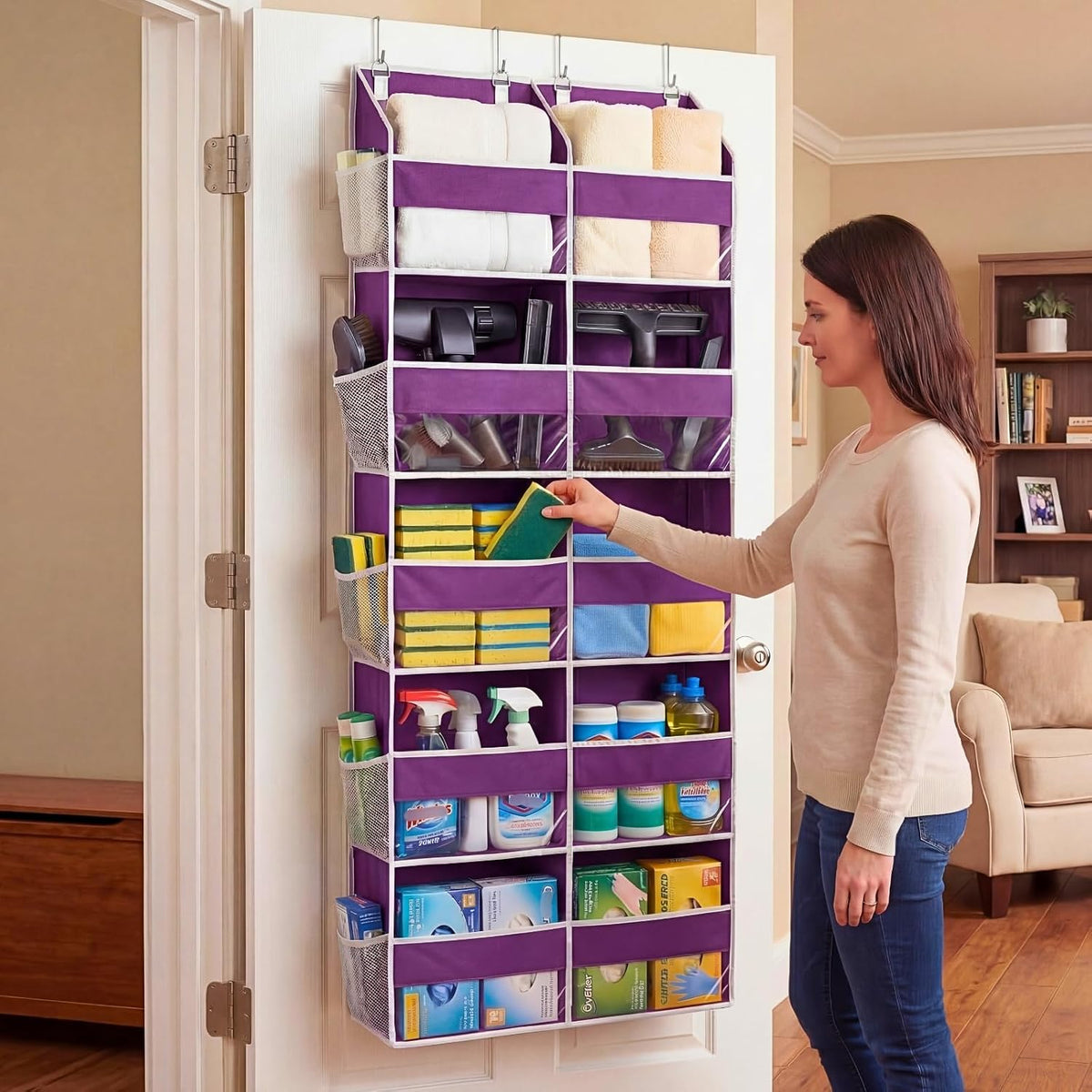 Over the Door Organizer, 5-Tier Extra Large Storage with 10 Pockets and PVC Label Pouches, 80 lbs Capacity Hanging Closet Organizer, Beige