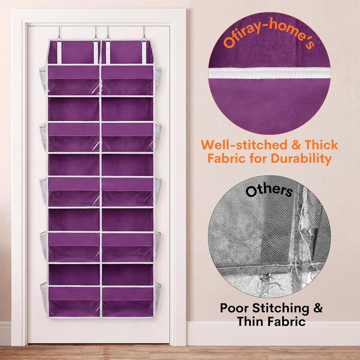 Over the Door Organizer, 5-Tier Extra Large Storage with 10 Pockets and PVC Label Pouches, 80 lbs Capacity Hanging Closet Organizer, Beige