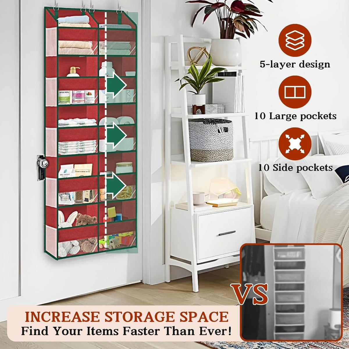 Over the Door Organizer, 5-Tier Extra Large Storage with 10 Pockets and PVC Label Pouches, 80 lbs Capacity Hanging Closet Organizer, Beige