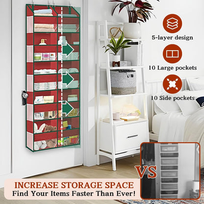 Over the Door Organizer, 5-Tier Extra Large Storage with 10 Pockets and PVC Label Pouches, 80 lbs Capacity Hanging Closet Organizer, Beige
