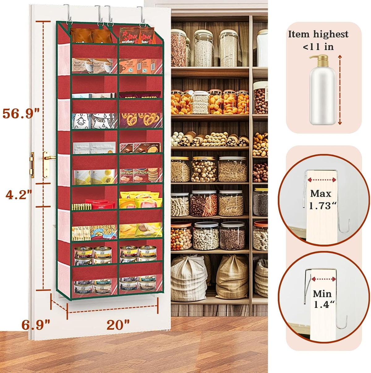 Over the Door Organizer, 5-Tier Extra Large Storage with 10 Pockets and PVC Label Pouches, 80 lbs Capacity Hanging Closet Organizer, Beige
