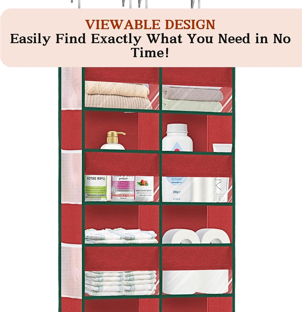 Over the Door Organizer, 5-Tier Extra Large Storage with 10 Pockets and PVC Label Pouches, 80 lbs Capacity Hanging Closet Organizer, Beige