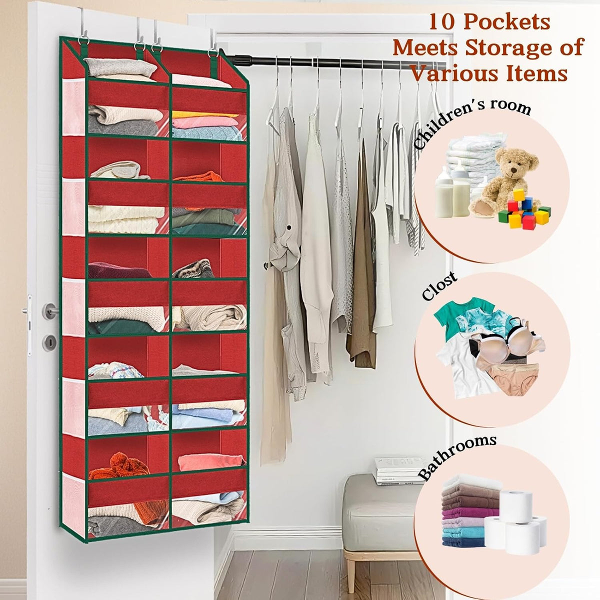 Over the Door Organizer, 5-Tier Extra Large Storage with 10 Pockets and PVC Label Pouches, 80 lbs Capacity Hanging Closet Organizer, Beige