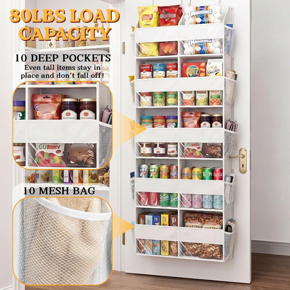 Over the Door Organizer, 5-Tier Extra Large Storage with 10 Pockets and PVC Label Pouches, 80 lbs Capacity Hanging Closet Organizer, Beige