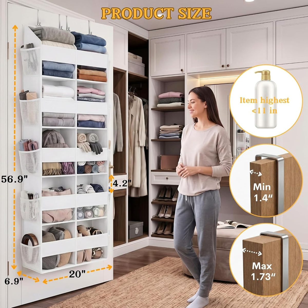 Over the Door Organizer, 5-Tier Extra Large Storage with 10 Pockets and PVC Label Pouches, 80 lbs Capacity Hanging Closet Organizer, Beige
