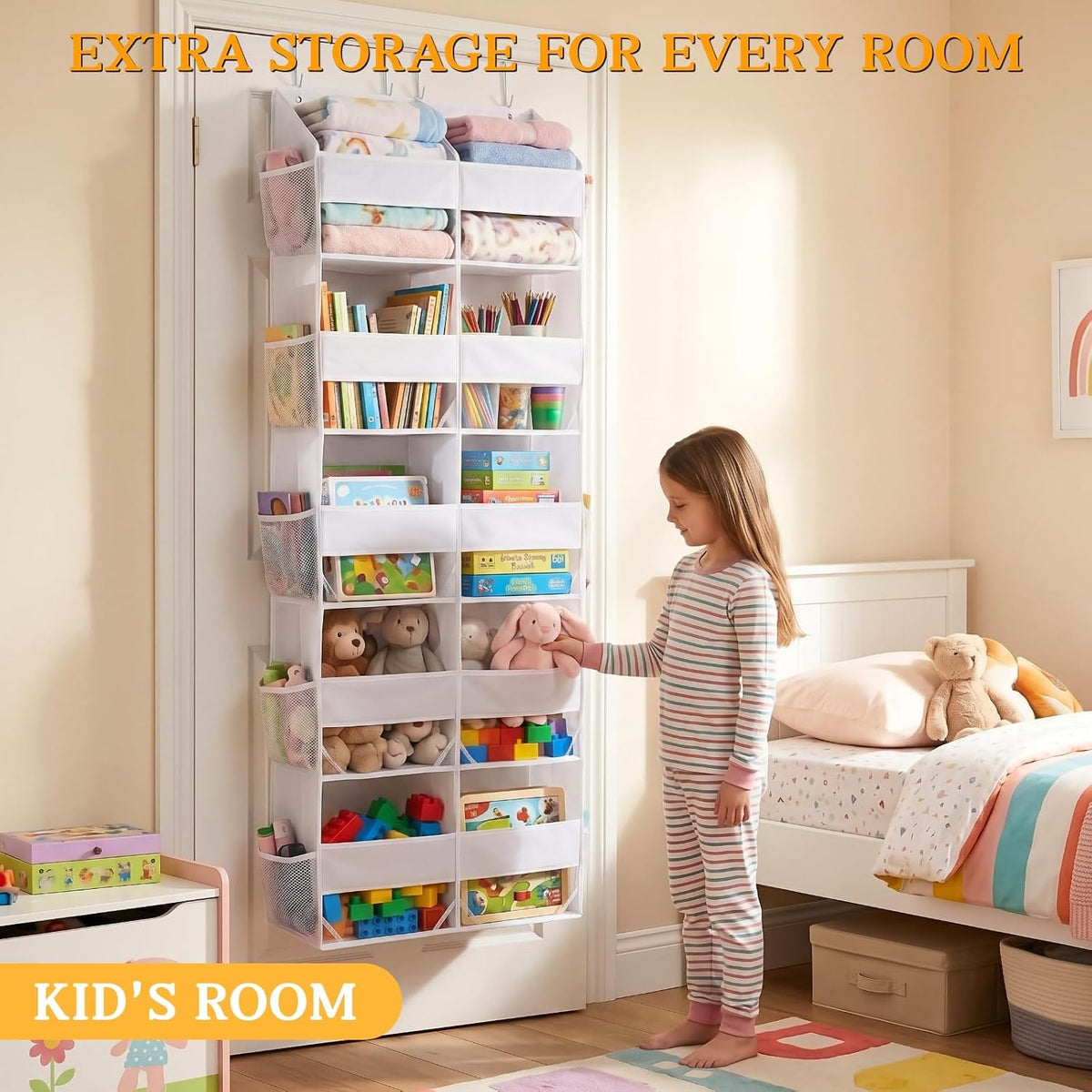 Over the Door Organizer, 5-Tier Extra Large Storage with 10 Pockets and PVC Label Pouches, 80 lbs Capacity Hanging Closet Organizer, Beige