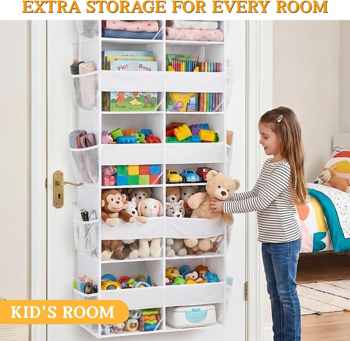 Over the Door Organizer, 5-Tier Extra Large Storage with 10 Pockets and PVC Label Pouches, 80 lbs Capacity Hanging Closet Organizer, Beige