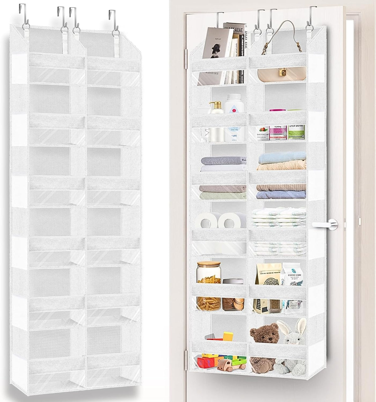 Over the Door Organizer, 5-Tier Extra Large Storage with 10 Pockets and PVC Label Pouches, 80 lbs Capacity Hanging Closet Organizer, Beige