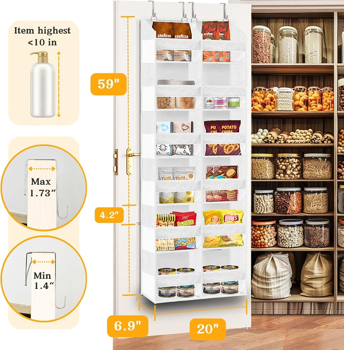Over the Door Organizer, 5-Tier Extra Large Storage with 10 Pockets and PVC Label Pouches, 80 lbs Capacity Hanging Closet Organizer, Beige