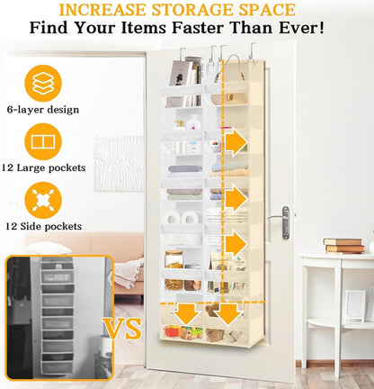 Over the Door Organizer, 5-Tier Extra Large Storage with 10 Pockets and PVC Label Pouches, 80 lbs Capacity Hanging Closet Organizer, Beige