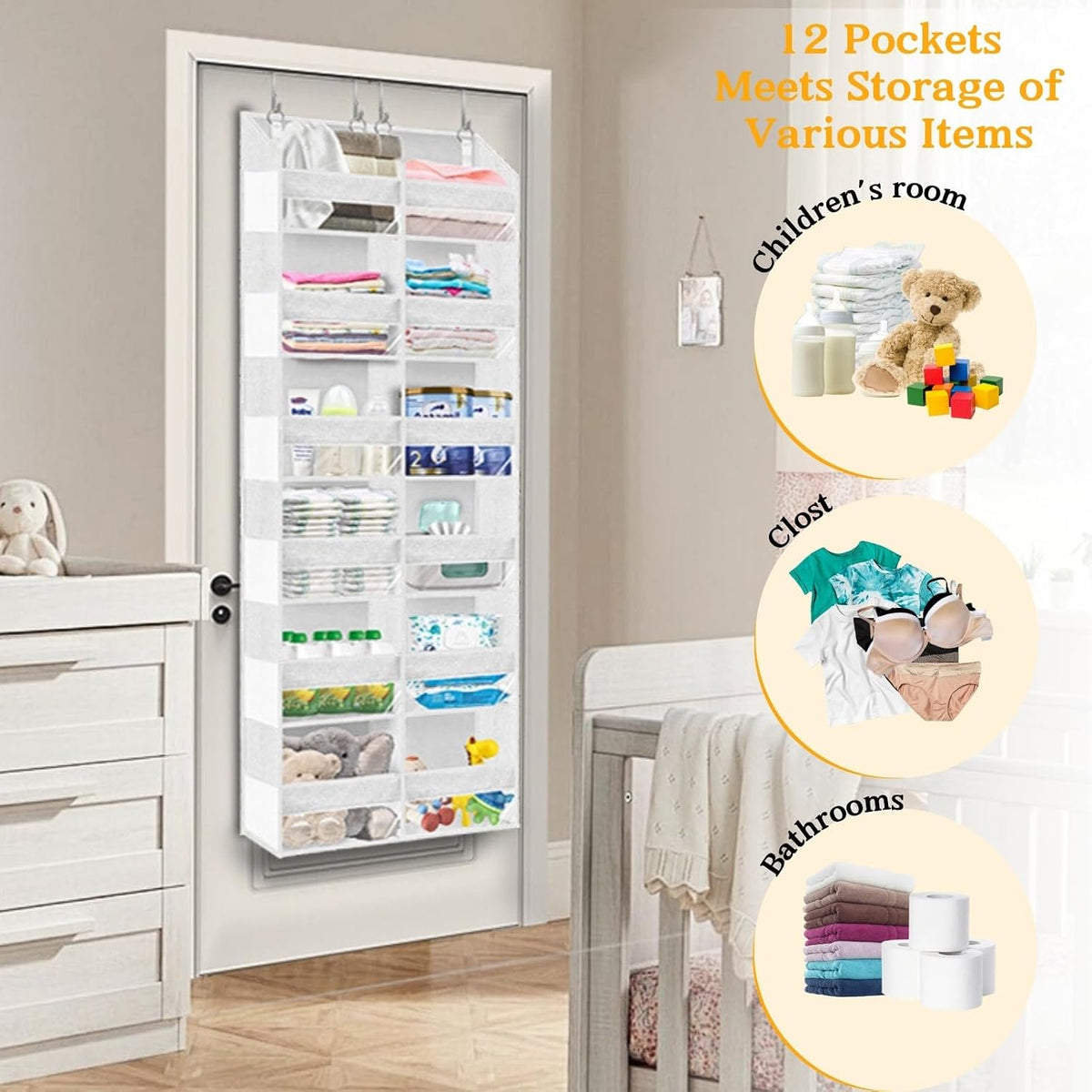 Over the Door Organizer, 5-Tier Extra Large Storage with 10 Pockets and PVC Label Pouches, 80 lbs Capacity Hanging Closet Organizer, Beige