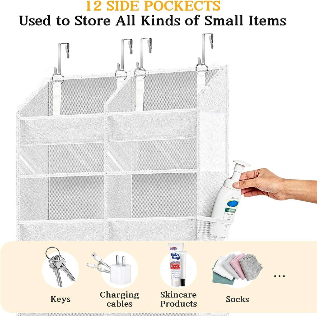Over the Door Organizer, 5-Tier Extra Large Storage with 10 Pockets and PVC Label Pouches, 80 lbs Capacity Hanging Closet Organizer, Beige
