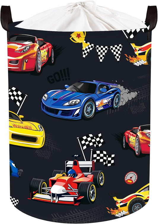 Competitive Race Car Kids Book Storage Basket Checkered Flag Clothes Laundry Basket Parents Gift Toy Box for Bedroom Shower, Grey, 40x30x30 cm