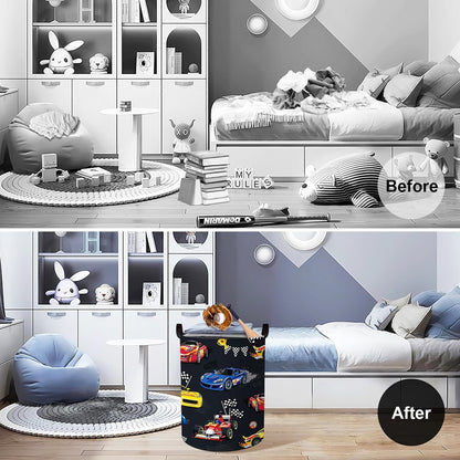 Competitive Race Car Kids Book Storage Basket Checkered Flag Clothes Laundry Basket Parents Gift Toy Box for Bedroom Shower, Grey, 40x30x30 cm