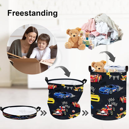 Competitive Race Car Kids Book Storage Basket Checkered Flag Clothes Laundry Basket Parents Gift Toy Box for Bedroom Shower, Grey, 40x30x30 cm