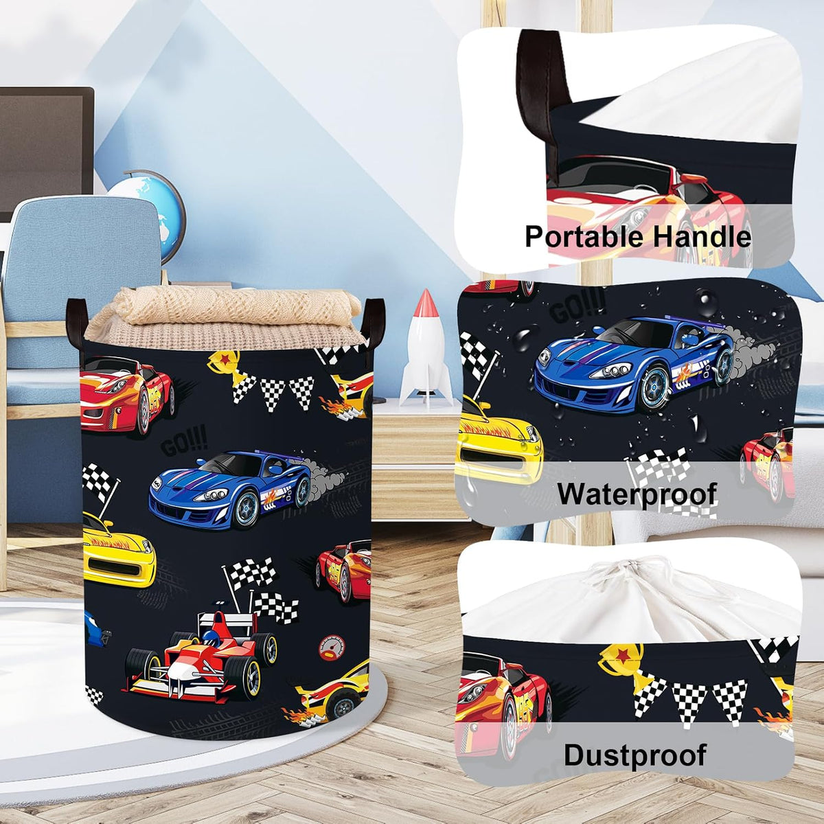 Competitive Race Car Kids Book Storage Basket Checkered Flag Clothes Laundry Basket Parents Gift Toy Box for Bedroom Shower, Grey, 40x30x30 cm