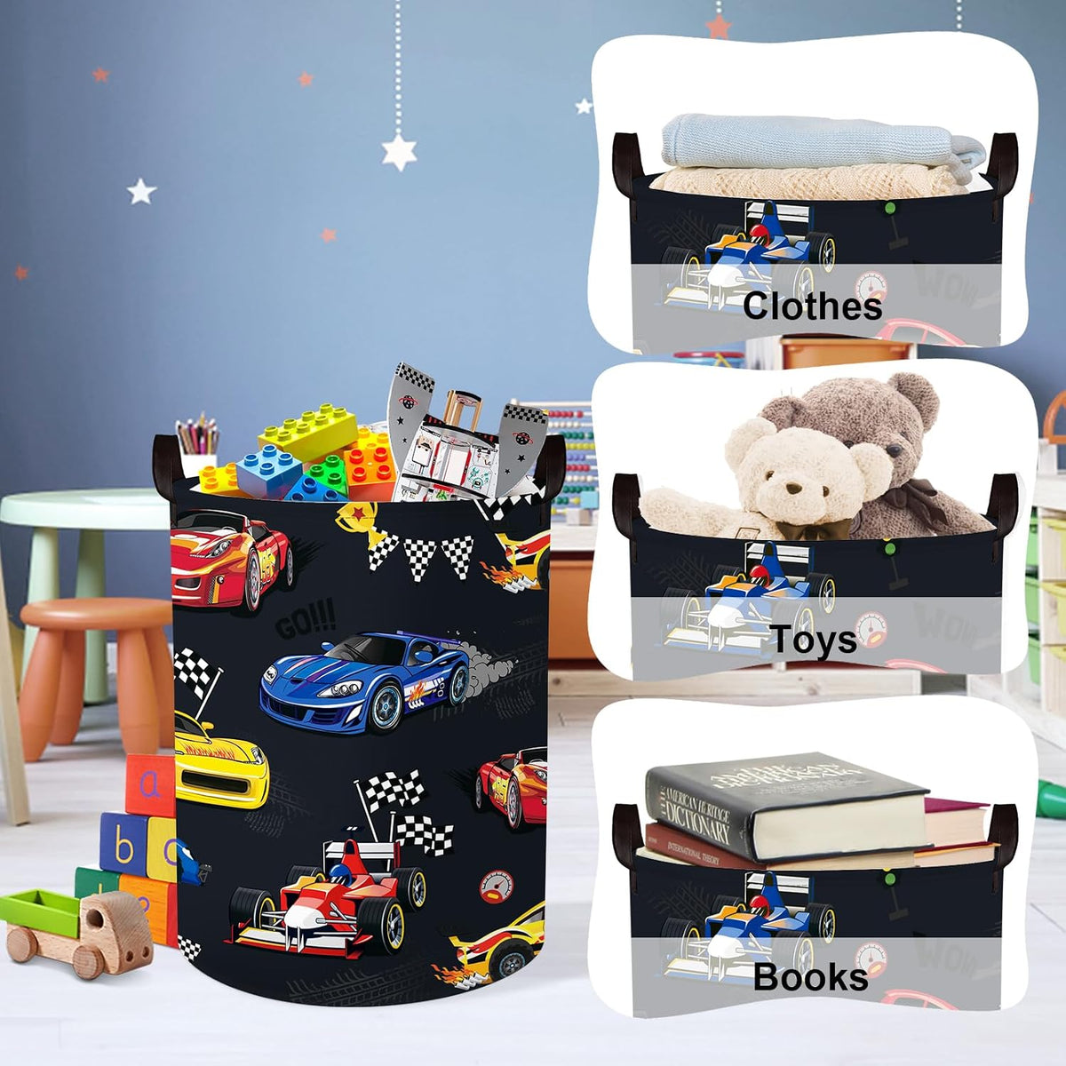 Competitive Race Car Kids Book Storage Basket Checkered Flag Clothes Laundry Basket Parents Gift Toy Box for Bedroom Shower, Grey, 40x30x30 cm