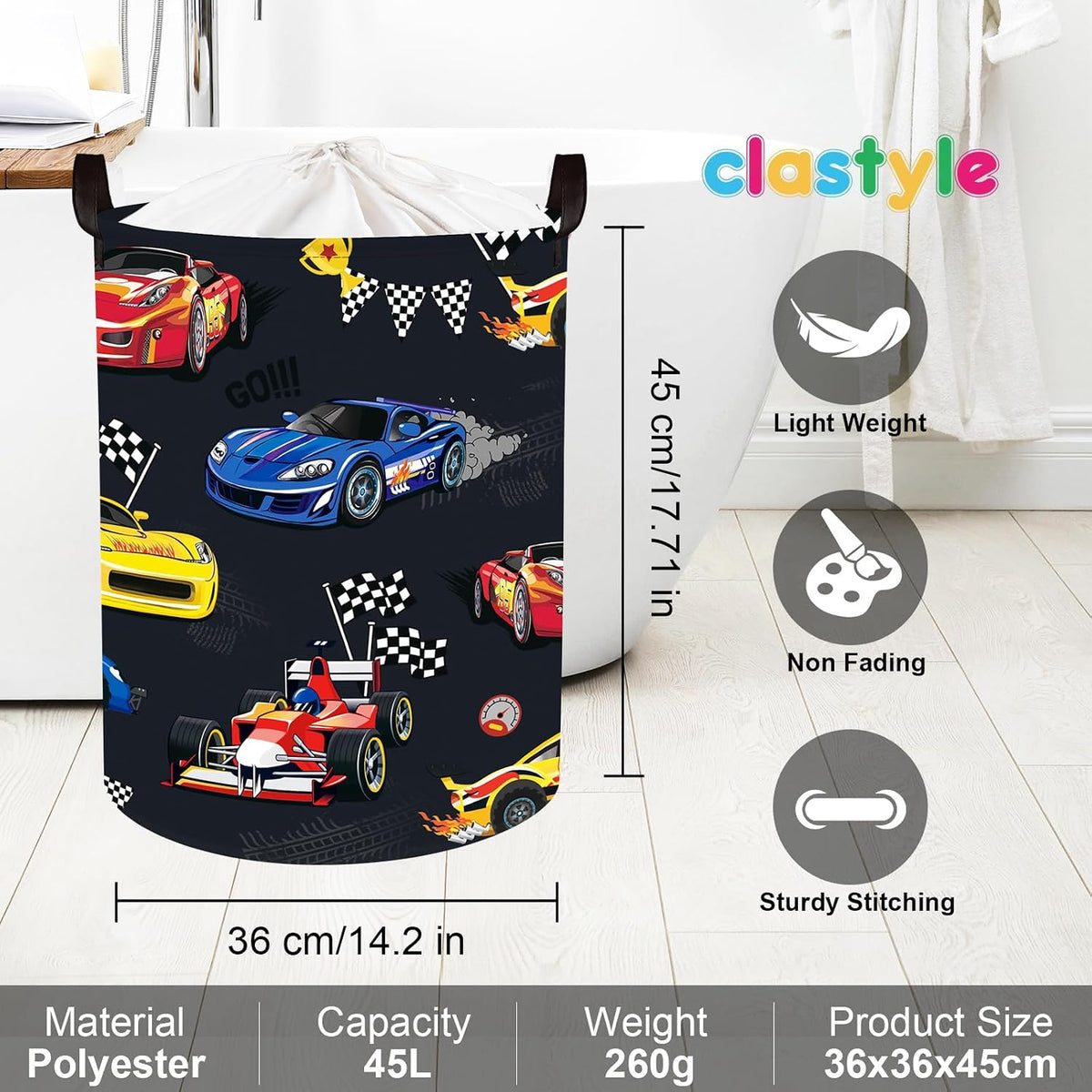 Competitive Race Car Kids Book Storage Basket Checkered Flag Clothes Laundry Basket Parents Gift Toy Box for Bedroom Shower, Grey, 40x30x30 cm