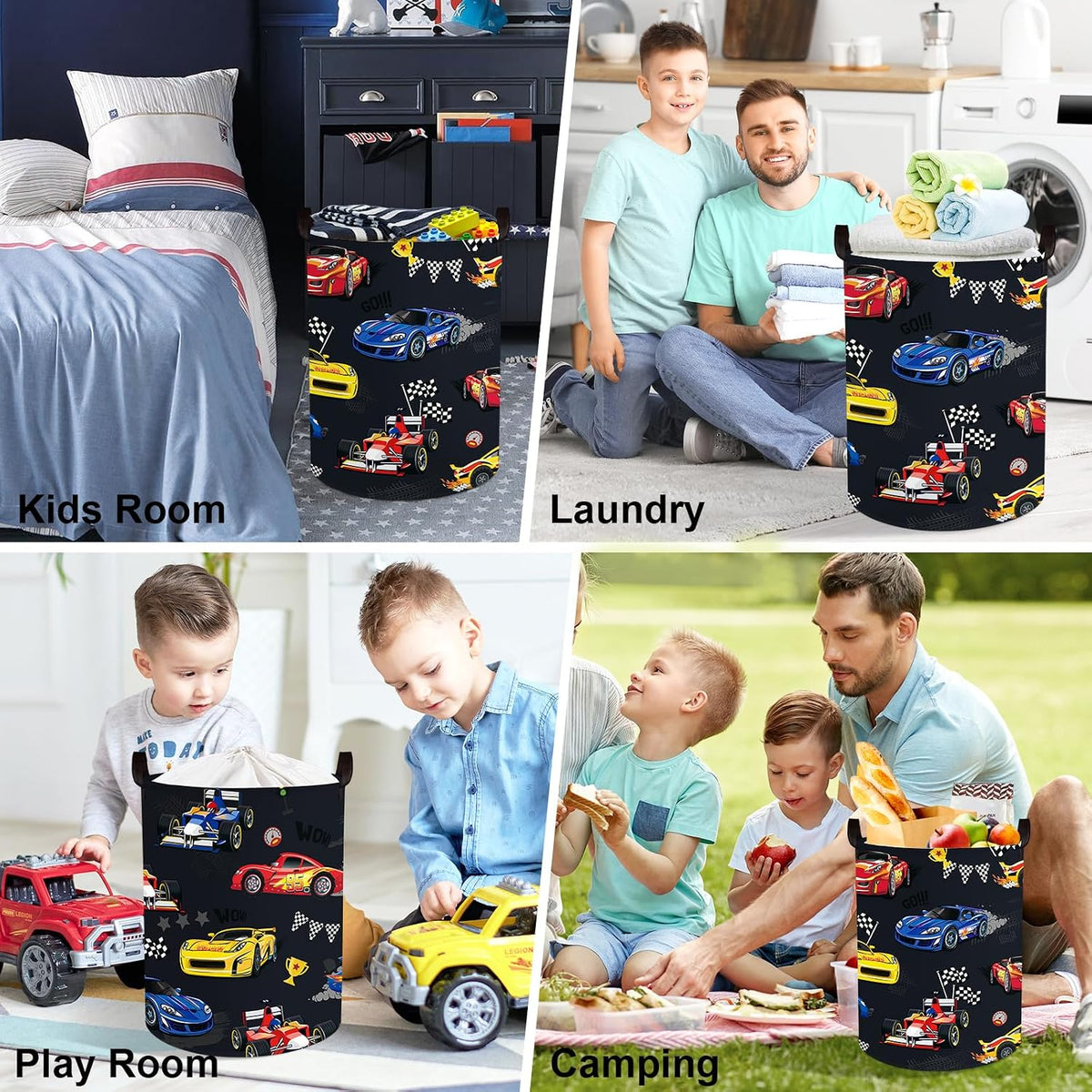 Competitive Race Car Kids Book Storage Basket Checkered Flag Clothes Laundry Basket Parents Gift Toy Box for Bedroom Shower, Grey, 40x30x30 cm