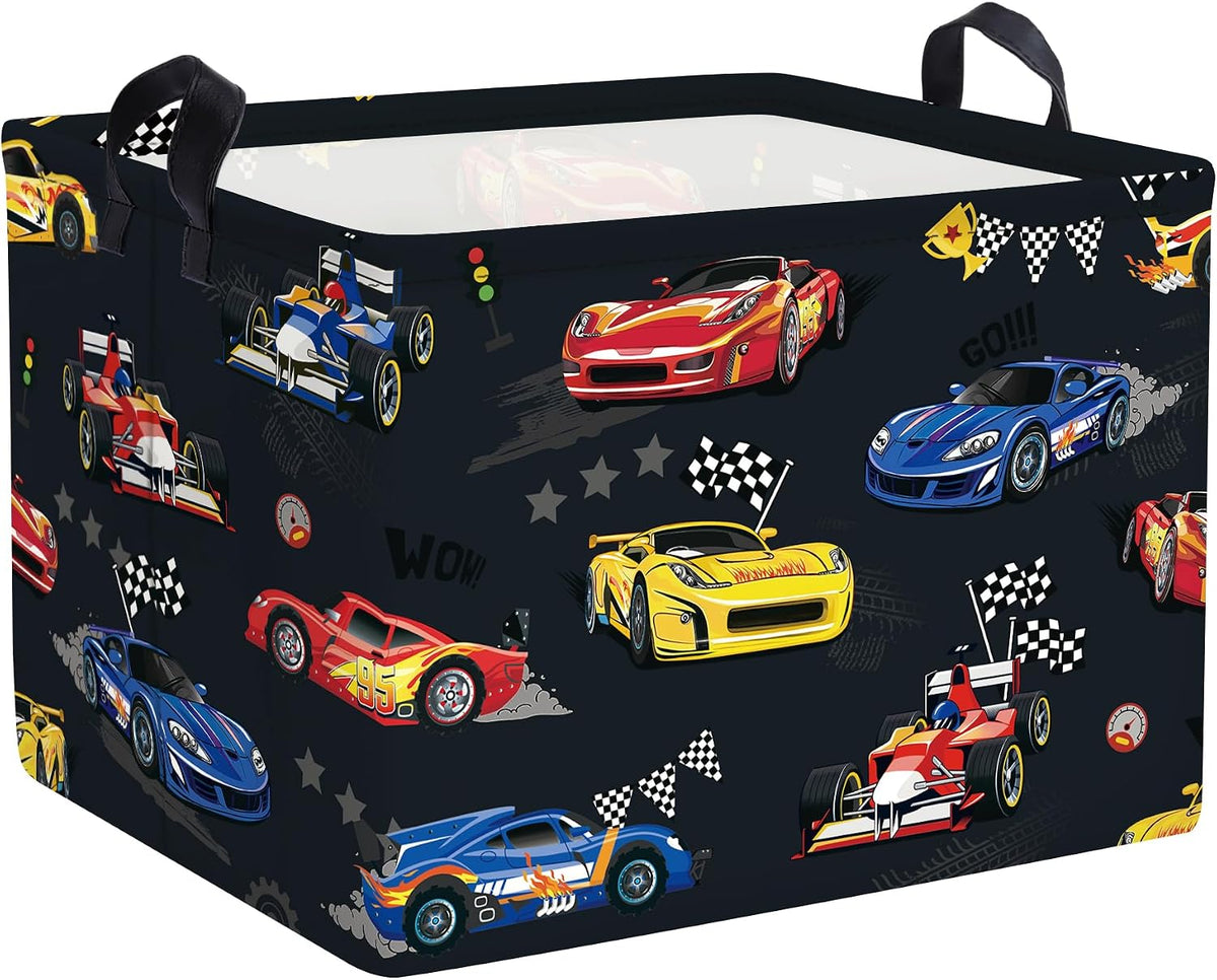 Competitive Race Car Kids Book Storage Basket Checkered Flag Clothes Laundry Basket Parents Gift Toy Box for Bedroom Shower, Grey, 40x30x30 cm