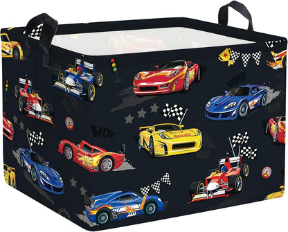 Competitive Race Car Kids Book Storage Basket Checkered Flag Clothes Laundry Basket Parents Gift Toy Box for Bedroom Shower, Grey, 40x30x30 cm