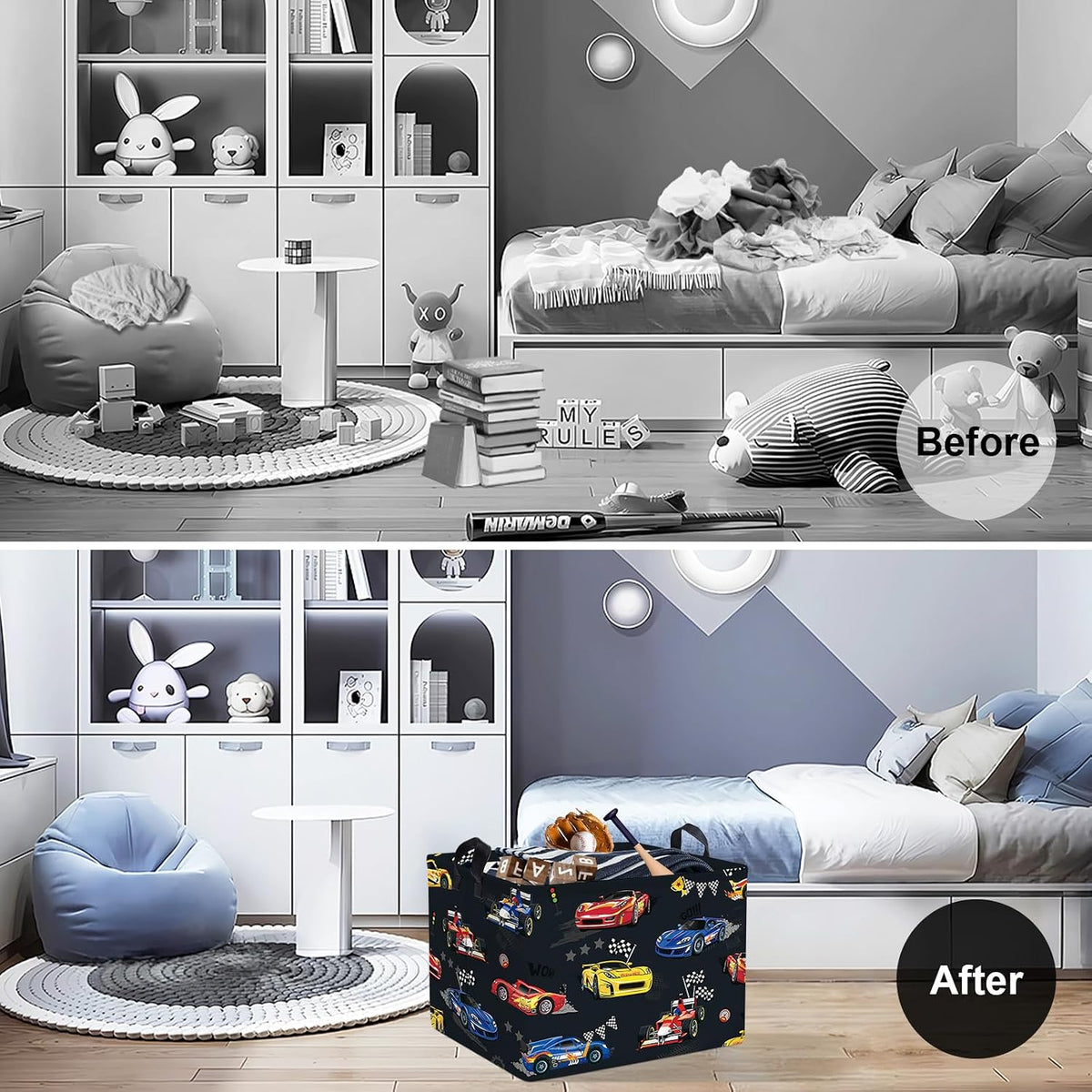 Competitive Race Car Kids Book Storage Basket Checkered Flag Clothes Laundry Basket Parents Gift Toy Box for Bedroom Shower, Grey, 40x30x30 cm