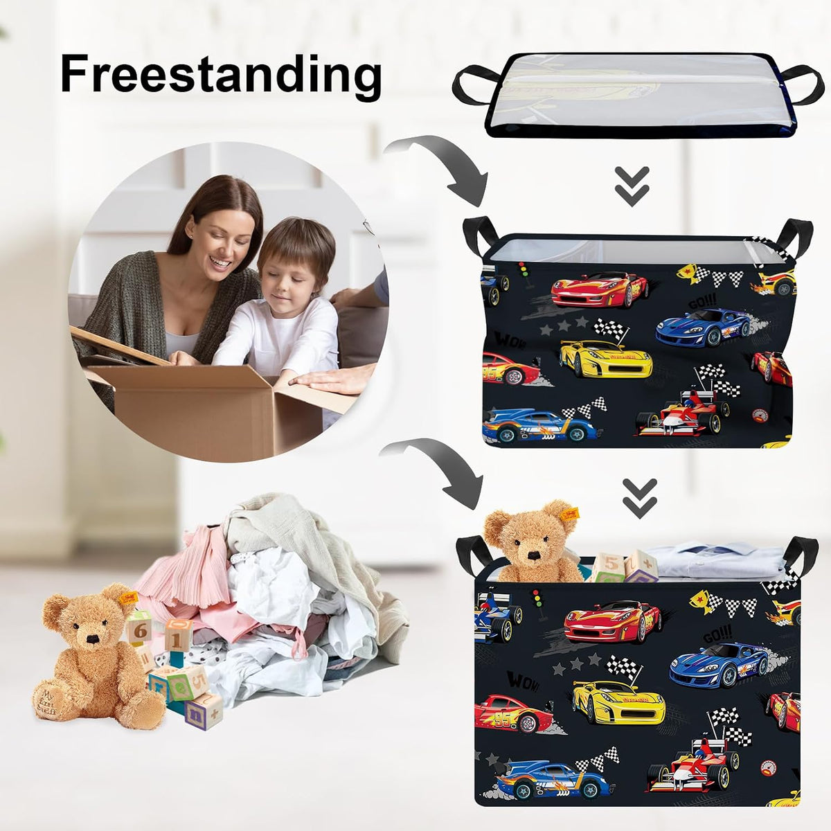 Competitive Race Car Kids Book Storage Basket Checkered Flag Clothes Laundry Basket Parents Gift Toy Box for Bedroom Shower, Grey, 40x30x30 cm