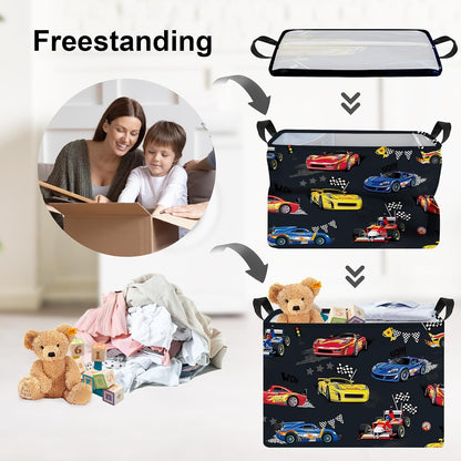 Competitive Race Car Kids Book Storage Basket Checkered Flag Clothes Laundry Basket Parents Gift Toy Box for Bedroom Shower, Grey, 40x30x30 cm