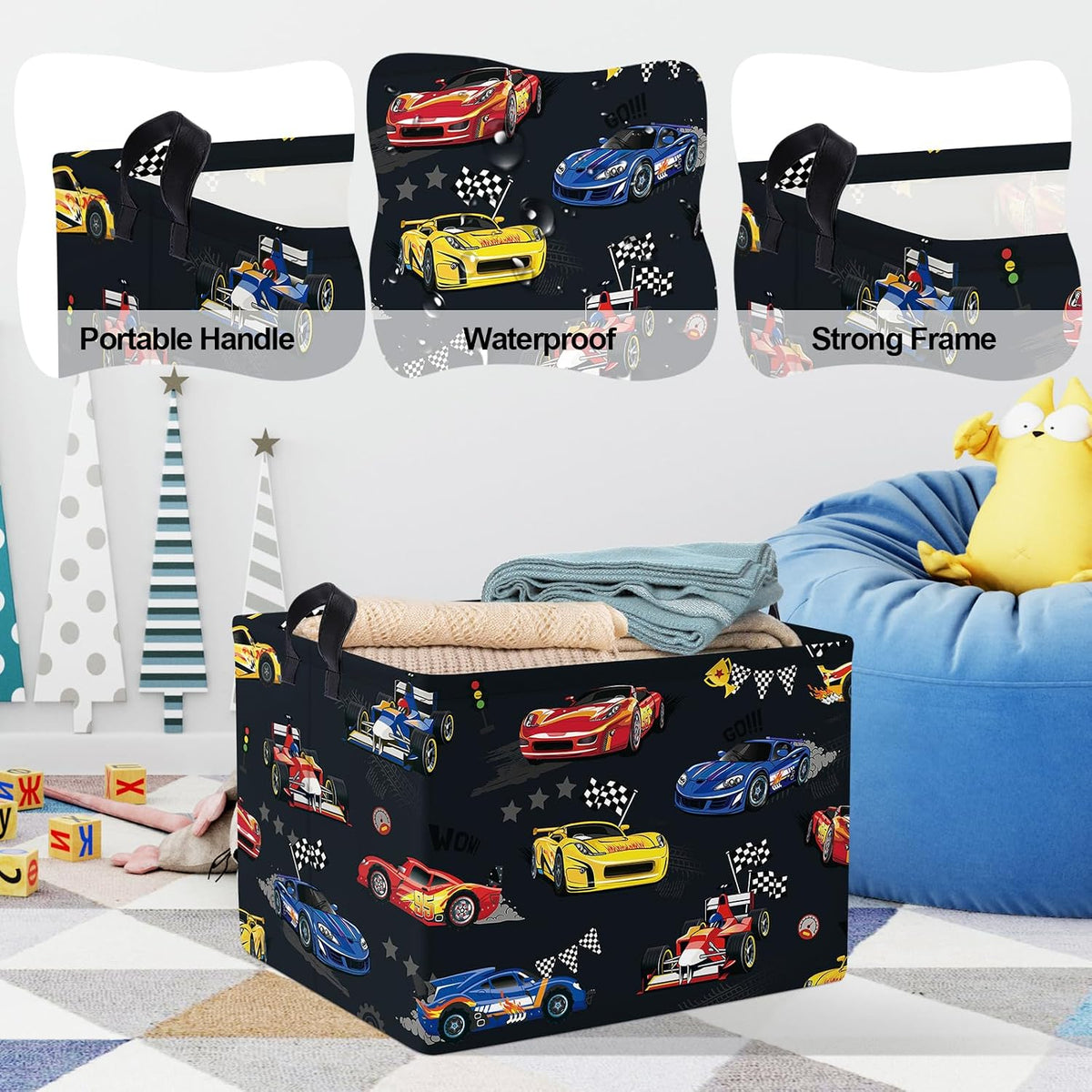Competitive Race Car Kids Book Storage Basket Checkered Flag Clothes Laundry Basket Parents Gift Toy Box for Bedroom Shower, Grey, 40x30x30 cm