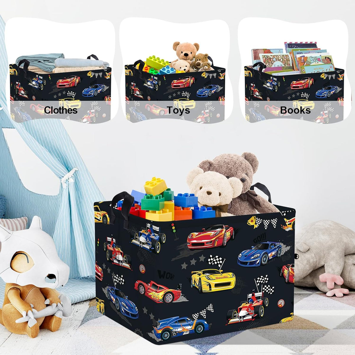 Competitive Race Car Kids Book Storage Basket Checkered Flag Clothes Laundry Basket Parents Gift Toy Box for Bedroom Shower, Grey, 40x30x30 cm