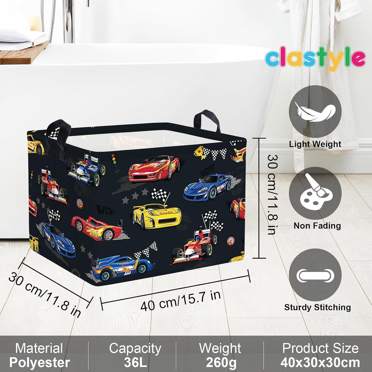 Competitive Race Car Kids Book Storage Basket Checkered Flag Clothes Laundry Basket Parents Gift Toy Box for Bedroom Shower, Grey, 40x30x30 cm