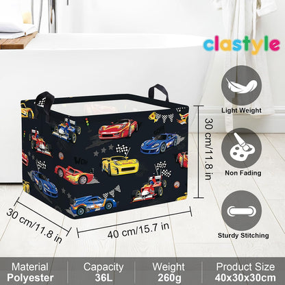 Competitive Race Car Kids Book Storage Basket Checkered Flag Clothes Laundry Basket Parents Gift Toy Box for Bedroom Shower, Grey, 40x30x30 cm