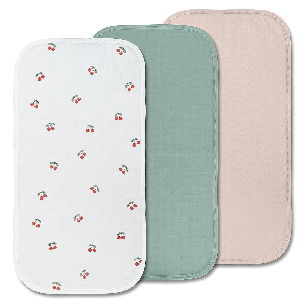 Miaoberry Organic Portable Muslin Changing Pad Liner – Waterproof Reusable Baby Diaper Changing Pad Cover for Travel, Cherry, Pink and Sage, 3 Pack