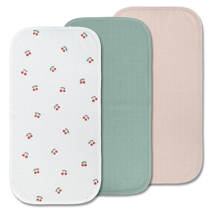 Miaoberry Organic Portable Muslin Changing Pad Liner – Waterproof Reusable Baby Diaper Changing Pad Cover for Travel, Cherry, Pink and Sage, 3 Pack