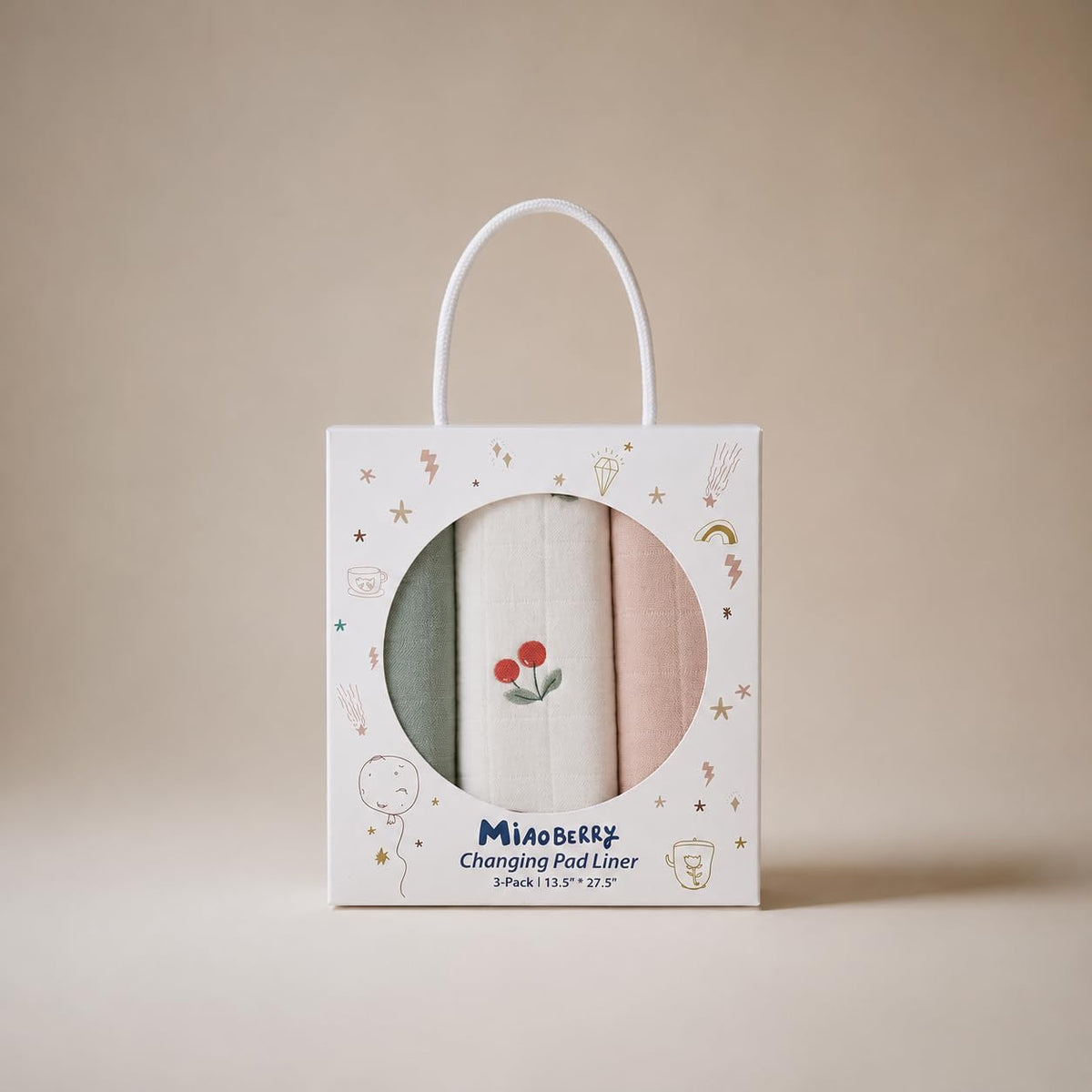 Miaoberry Organic Portable Muslin Changing Pad Liner – Waterproof Reusable Baby Diaper Changing Pad Cover for Travel, Cherry, Pink and Sage, 3 Pack