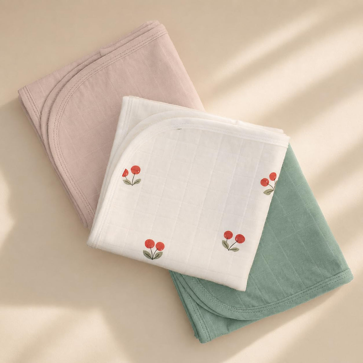 Miaoberry Organic Portable Muslin Changing Pad Liner – Waterproof Reusable Baby Diaper Changing Pad Cover for Travel, Cherry, Pink and Sage, 3 Pack