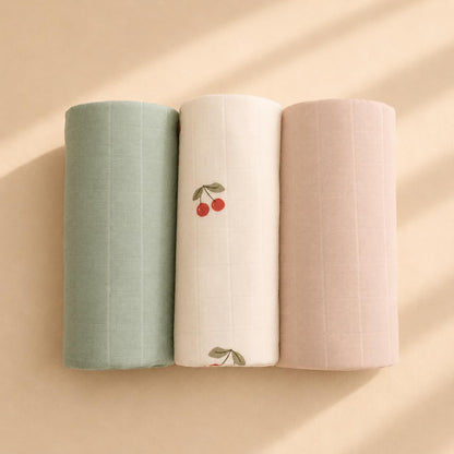 Miaoberry Organic Portable Muslin Changing Pad Liner – Waterproof Reusable Baby Diaper Changing Pad Cover for Travel, Cherry, Pink and Sage, 3 Pack