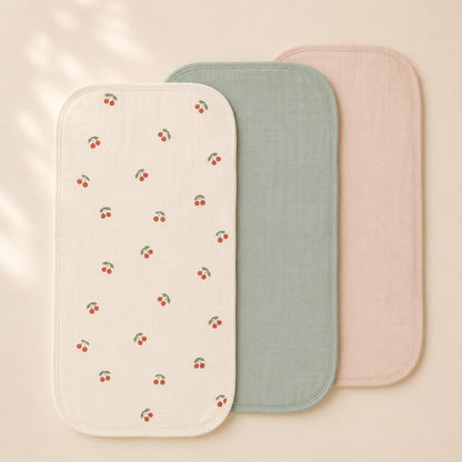 Miaoberry Organic Portable Muslin Changing Pad Liner – Waterproof Reusable Baby Diaper Changing Pad Cover for Travel, Cherry, Pink and Sage, 3 Pack
