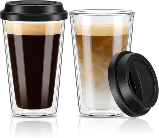 ® 2 Packs Double Walled Glass Coffee Mugs with Silicone Lids, 12 OZ Reusable Glass Coffee Cups, Insulated Coffee Mugs, Cappuccino,Tea,Latte,Iced Coffee Cups, Glass Travel Mug, Heat Resistant