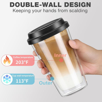 ® 2 Packs Double Walled Glass Coffee Mugs with Silicone Lids, 12 OZ Reusable Glass Coffee Cups, Insulated Coffee Mugs, Cappuccino,Tea,Latte,Iced Coffee Cups, Glass Travel Mug, Heat Resistant