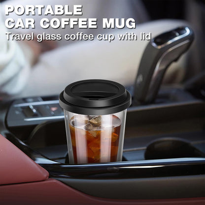 ® 2 Packs Double Walled Glass Coffee Mugs with Silicone Lids, 12 OZ Reusable Glass Coffee Cups, Insulated Coffee Mugs, Cappuccino,Tea,Latte,Iced Coffee Cups, Glass Travel Mug, Heat Resistant