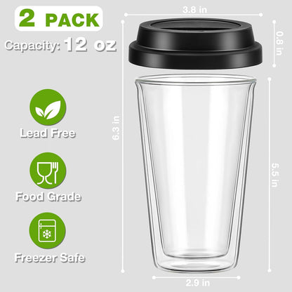 ® 2 Packs Double Walled Glass Coffee Mugs with Silicone Lids, 12 OZ Reusable Glass Coffee Cups, Insulated Coffee Mugs, Cappuccino,Tea,Latte,Iced Coffee Cups, Glass Travel Mug, Heat Resistant