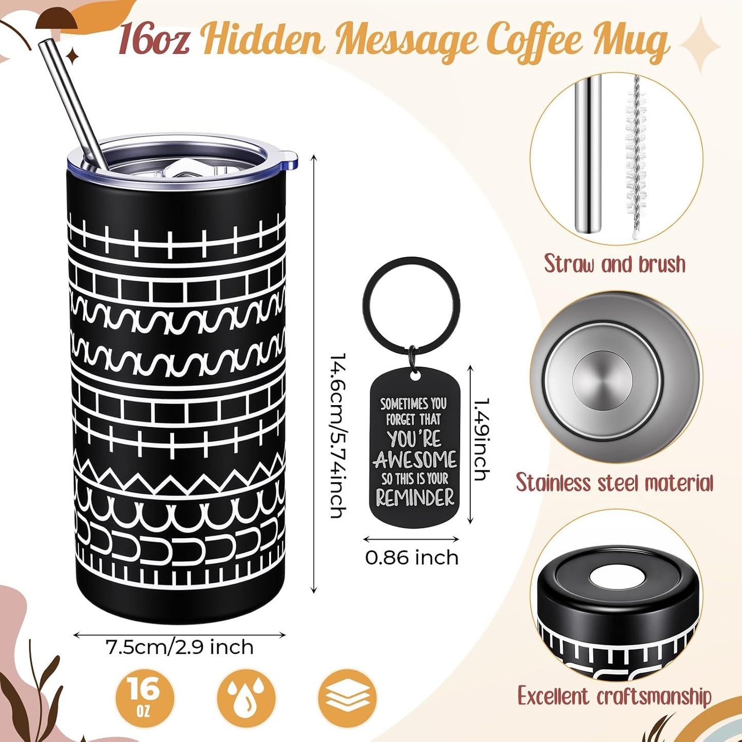 16 oz Funny Message Tumbler with Motivational Keychain Insulated Stainless Steel Coffee Travel Mug Cup with Lid and Straw White Elephant Gag Gift for Office Coworkers Besties (White)