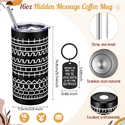 16 oz Funny Message Tumbler with Motivational Keychain Insulated Stainless Steel Coffee Travel Mug Cup with Lid and Straw White Elephant Gag Gift for Office Coworkers Besties (White)