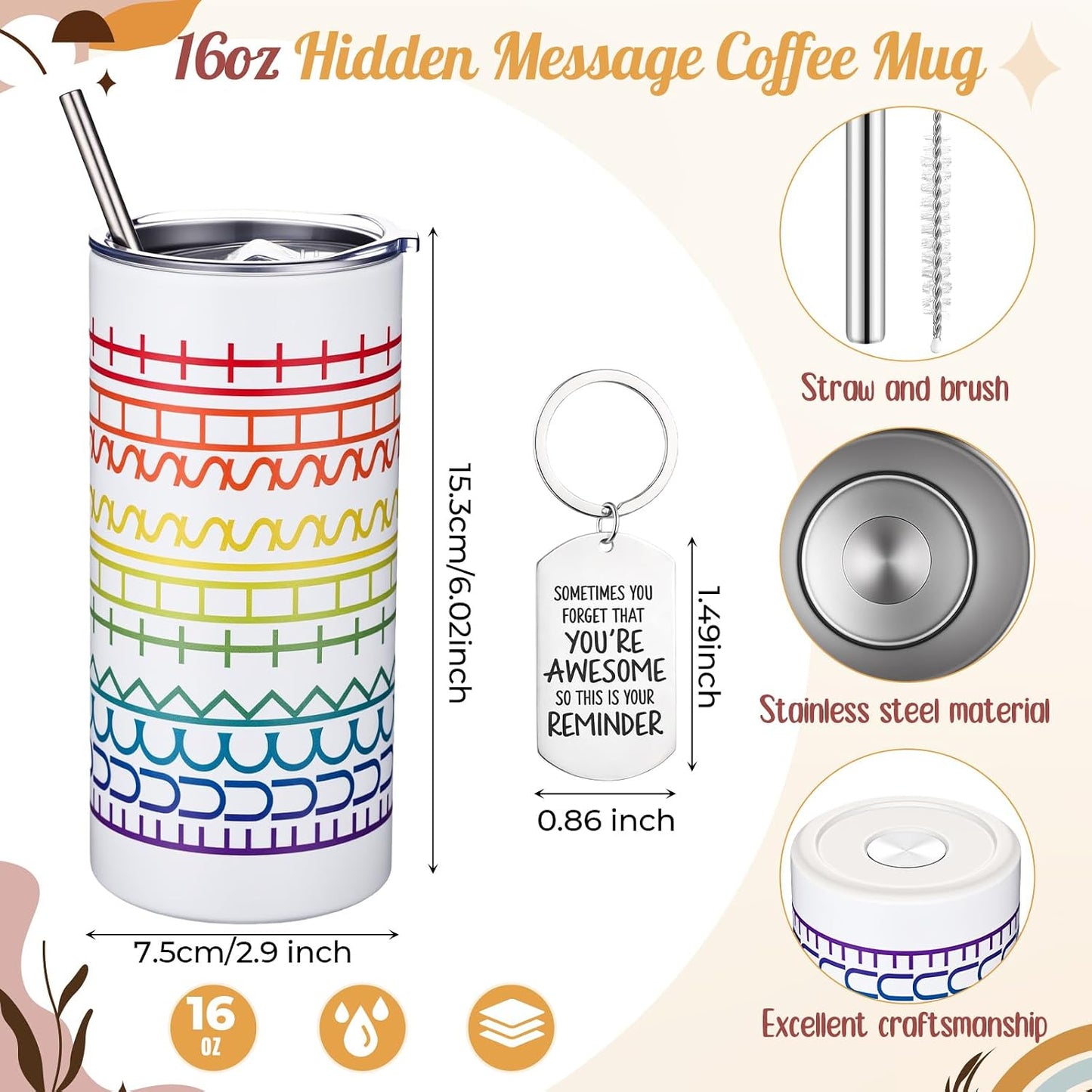16 oz Funny Message Tumbler with Motivational Keychain Insulated Stainless Steel Coffee Travel Mug Cup with Lid and Straw White Elephant Gag Gift for Office Coworkers Besties (White)