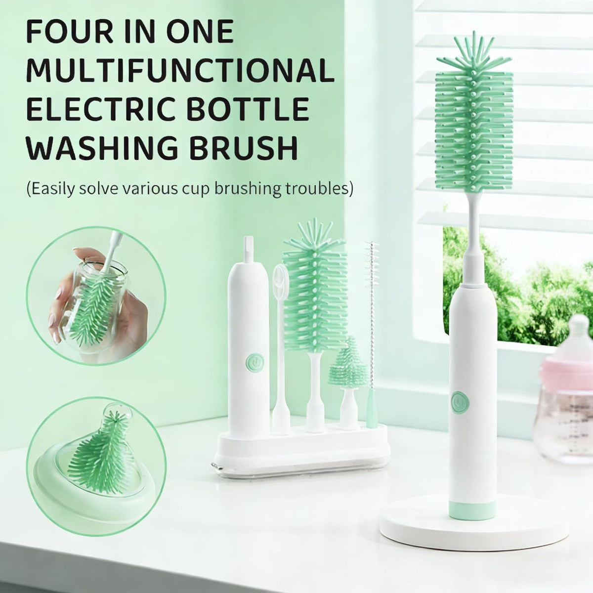 Rechargeable Electric Bottle Brush with Stand - 360° Spin Silicone Cleaner for Baby Bottles, Breast Pumps & Small Household Containers (Light Green)